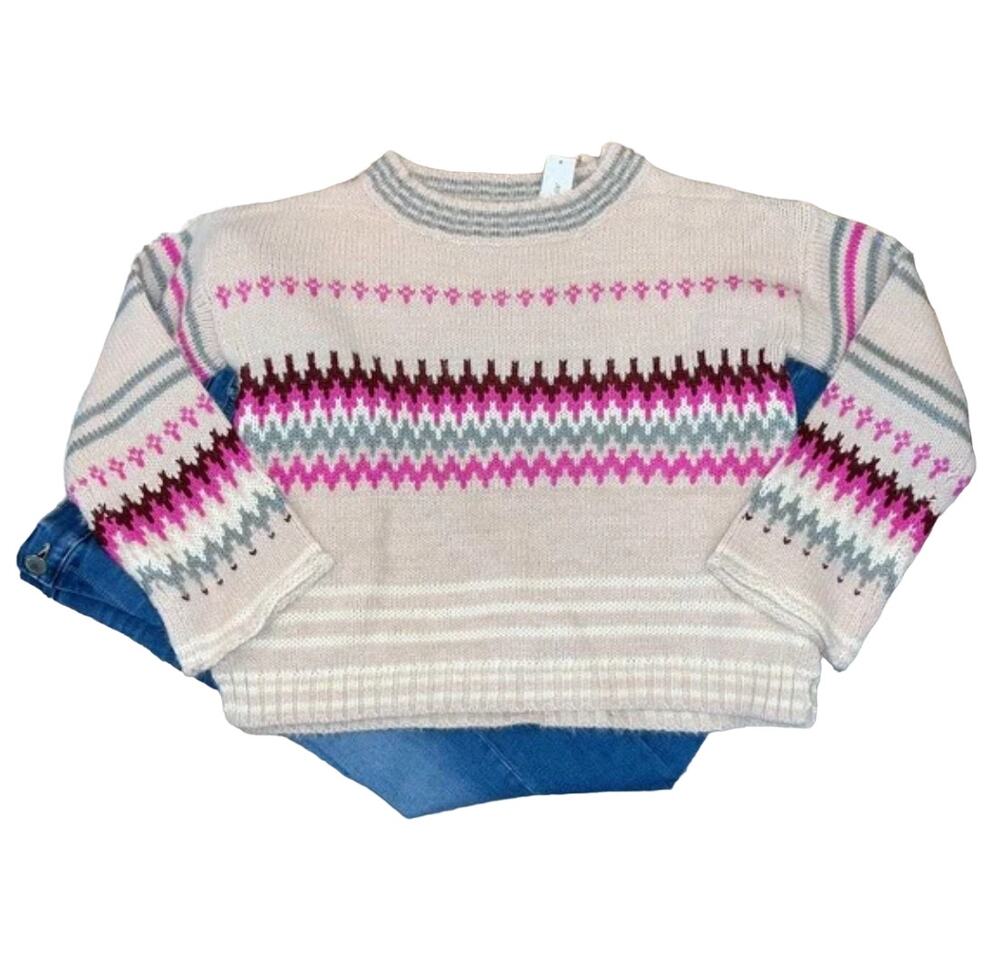 NWT Francesca's Solutions! Pink/Burgundy/Grey/Ivory Fair Isle Sweater - MEDIUM